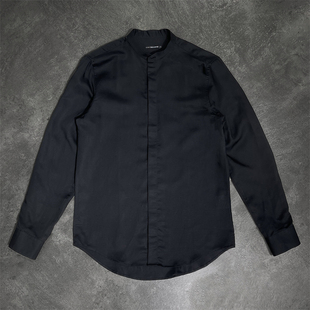 透气亚麻寸衣 男长袖 王炸面料 高端系纯黑色天丝麻小立领百搭衬衫