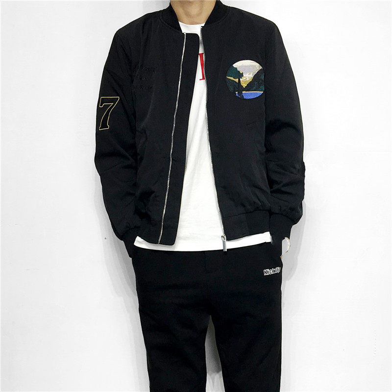 潮牌秋季新款男士刺绣夹克黑色棒球领夹克衫韩版修身休闲飞行外套