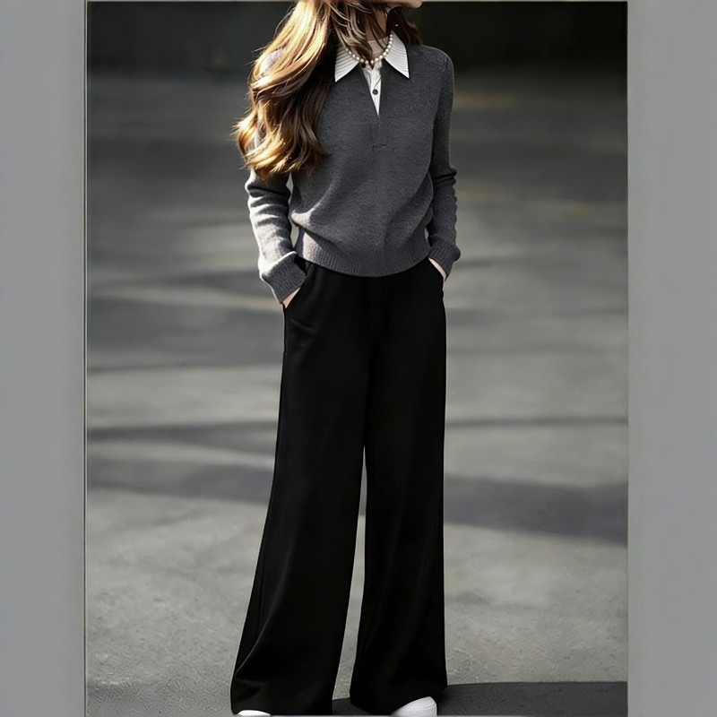 独特漂亮冬装一整套2025深灰色假两件polo领毛衣针织衫阔腿裤套装,女装/女士精品,时尚套装,淘宝优惠券,粉丝福利购,淘宝优惠卷