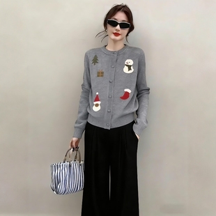 2025超好看冬装穿搭一整套圣诞氛围感减龄显瘦针织开衫阔腿裤套装