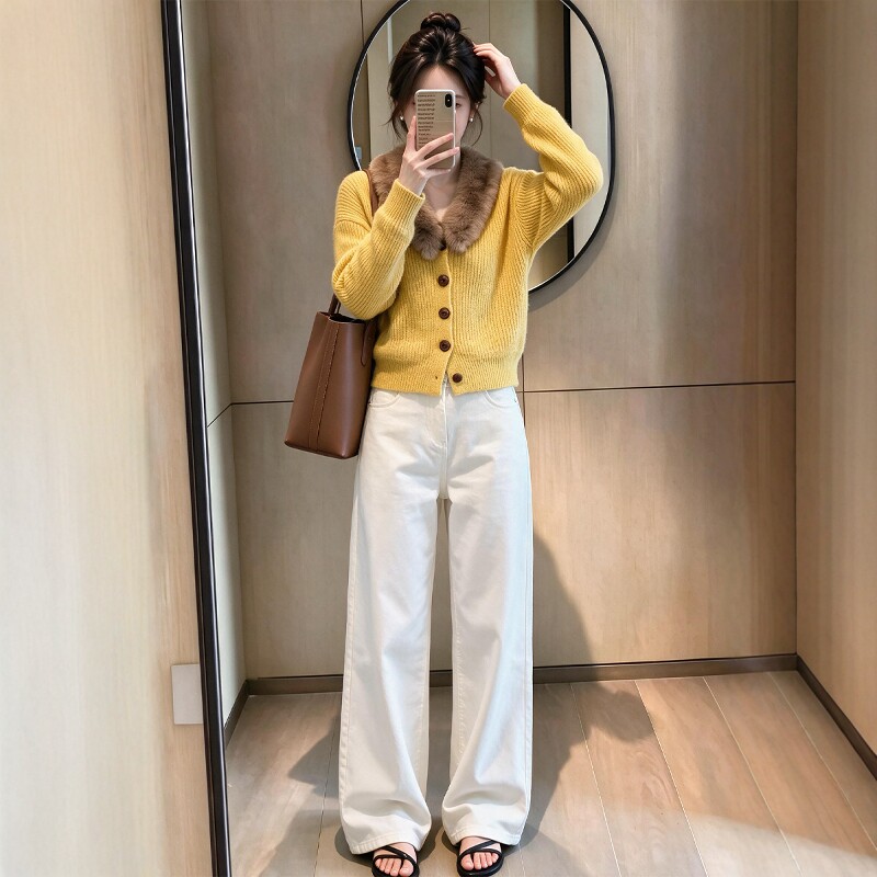 小个子氛围感秋冬套装女复古毛领黄色针织衫白色阔腿牛仔裤两件套