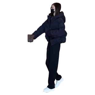 温柔风冬装套装高级感韩版加厚时尚短款面包服棉衣直筒显瘦休闲裤