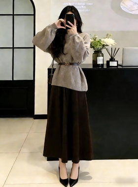 春季温柔慵懒复古洋气圆领收腰显瘦针织衫上衣高腰半身裙两件套装