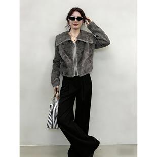 套装 小香风翻领羊羔绒外套阔腿裤 女 一整套小个子法式 独特漂亮冬装