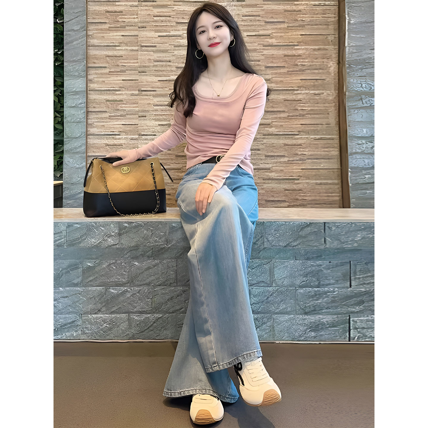 粉色上衣牛仔裤两件套装女秋季