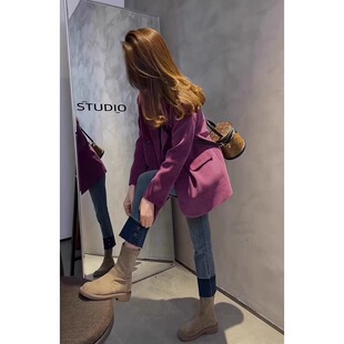 2026年新款春装小个子气质名媛高级感休闲紫色灯芯绒西装外套女款