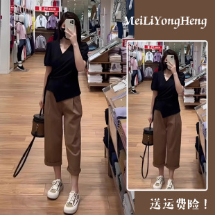 夏季 女装 茶系穿搭整套微胖港味御姐炸街时尚 显瘦遮肉上衣两件套装