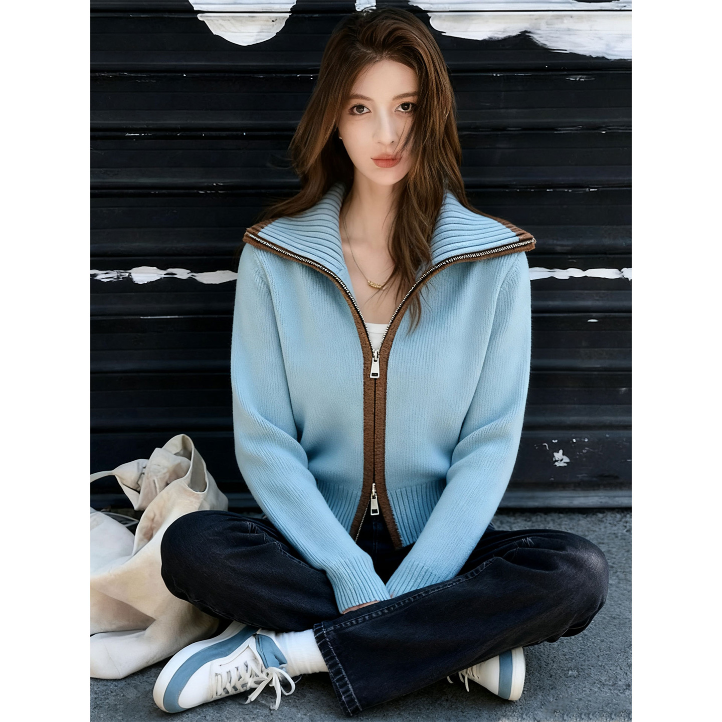 翻领拉链针织开衫牛仔裤套装女