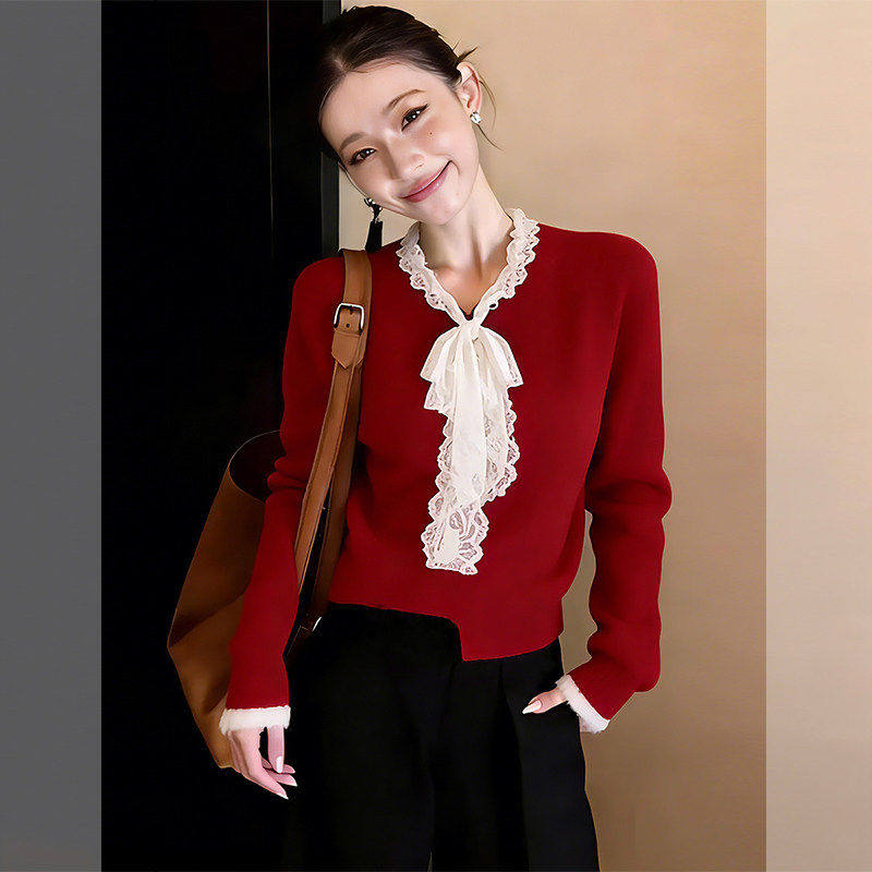 韩系一整套ootd穿搭法式小香风新年红色蝴蝶结系带毛衣阔腿裤套装,女装/女士精品,时尚套装,淘宝优惠券,粉丝福利购,淘宝优惠卷