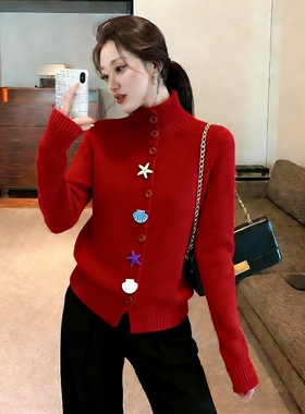 韩式搭配一整套冬装韩系半高领海星纽扣红色毛衣针织开衫套装裤女