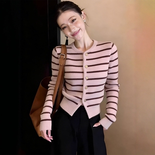 韩系甜美粉色条纹针织开衫阔腿裤套装女春季高级感修身显瘦两件套