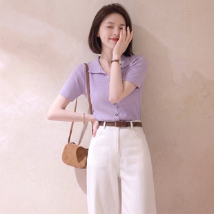 2026超火减龄一整套夏季新款紫色polo领针织衫短袖牛仔裤两件套女