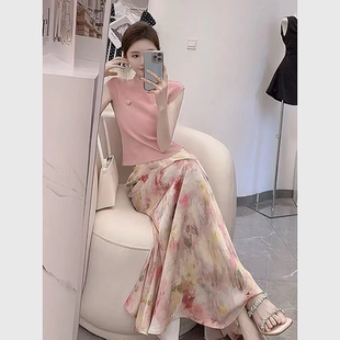 獨特漂亮氣質高級感巨好看粉色上衣碎花半身裙套裝 女 新款 2025夏季