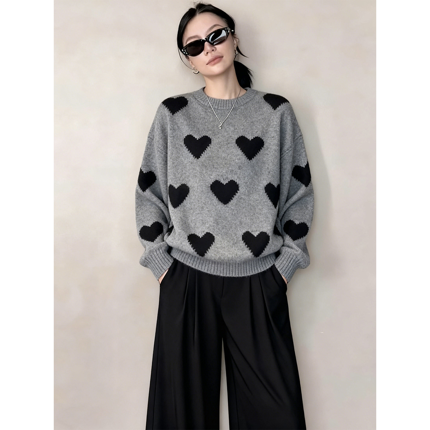 慵懒风爱心毛衣套装女