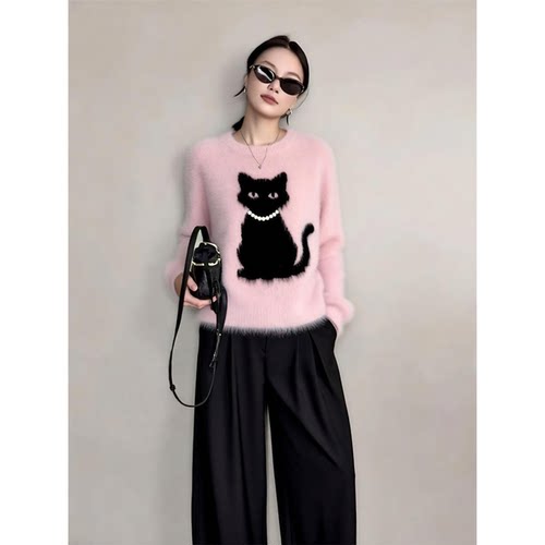卡通小猫针织毛衣阔腿裤套装