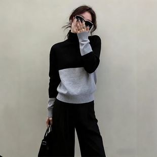 冬装韩系穿搭一整套2025超火氛围感高领拼色针织衫阔腿裤气质套装