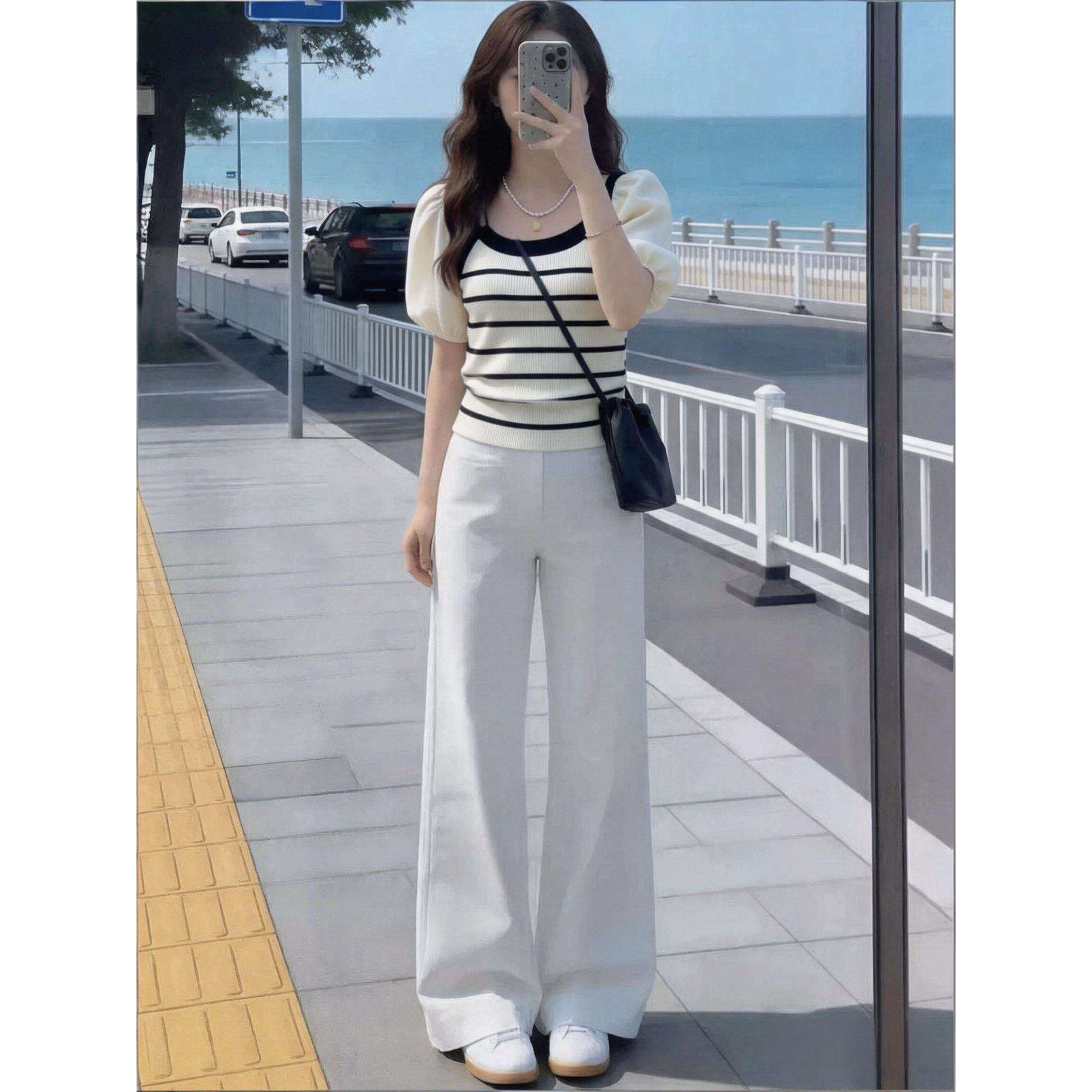 巨好看的夏装搭配一整套韩系减龄条纹针织短袖上衣休闲阔腿裤套装