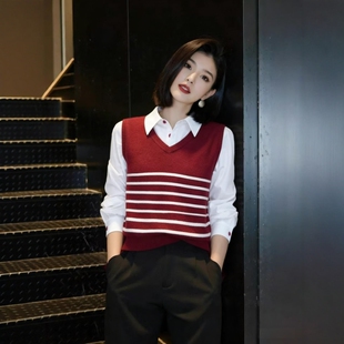 套装 阔腿裤 高级感假两件红色条纹针织衬衫 早春穿搭一整套2026新款