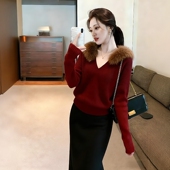 2026超火穿搭一整套韩系复古毛领连帽酒红色针织衫 半身裙两件套春