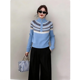 韩式搭配一整套冬装2025巨好看的复古费尔岛立领针织衫阔腿裤套装