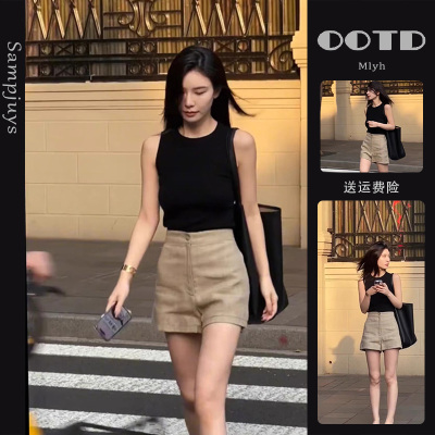 黑色无袖上衣休息短裤两件套装女