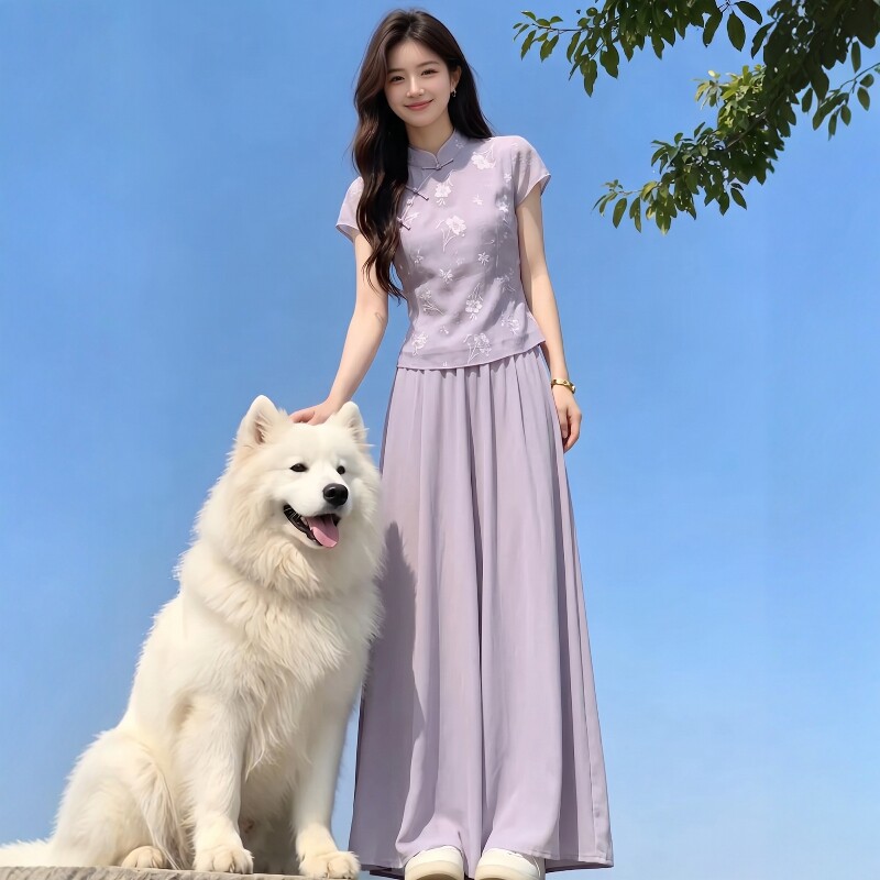 夏日ootd穿搭套装气质优雅新中式盘扣两件套女紫色长裙通勤两件套