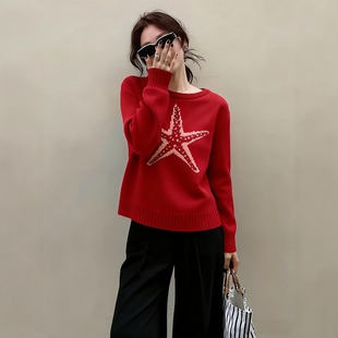 韩系绝美小套装冬装独特漂亮红色海星印花圆领加厚毛衣阔腿裤套装