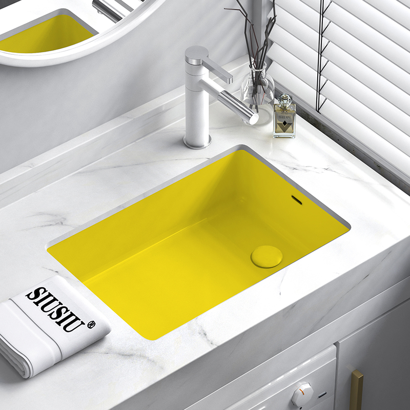 黄色方形嵌入式偏孔下水侧排水台下盆阳台陶瓷洗手面盆脸盆池