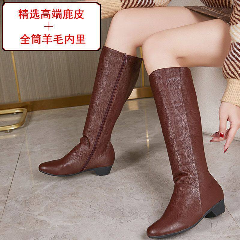 全鹿皮长筒靴女士高筒保暖靴低跟大筒围皮靴低跟骑士拉链羊毛高靴