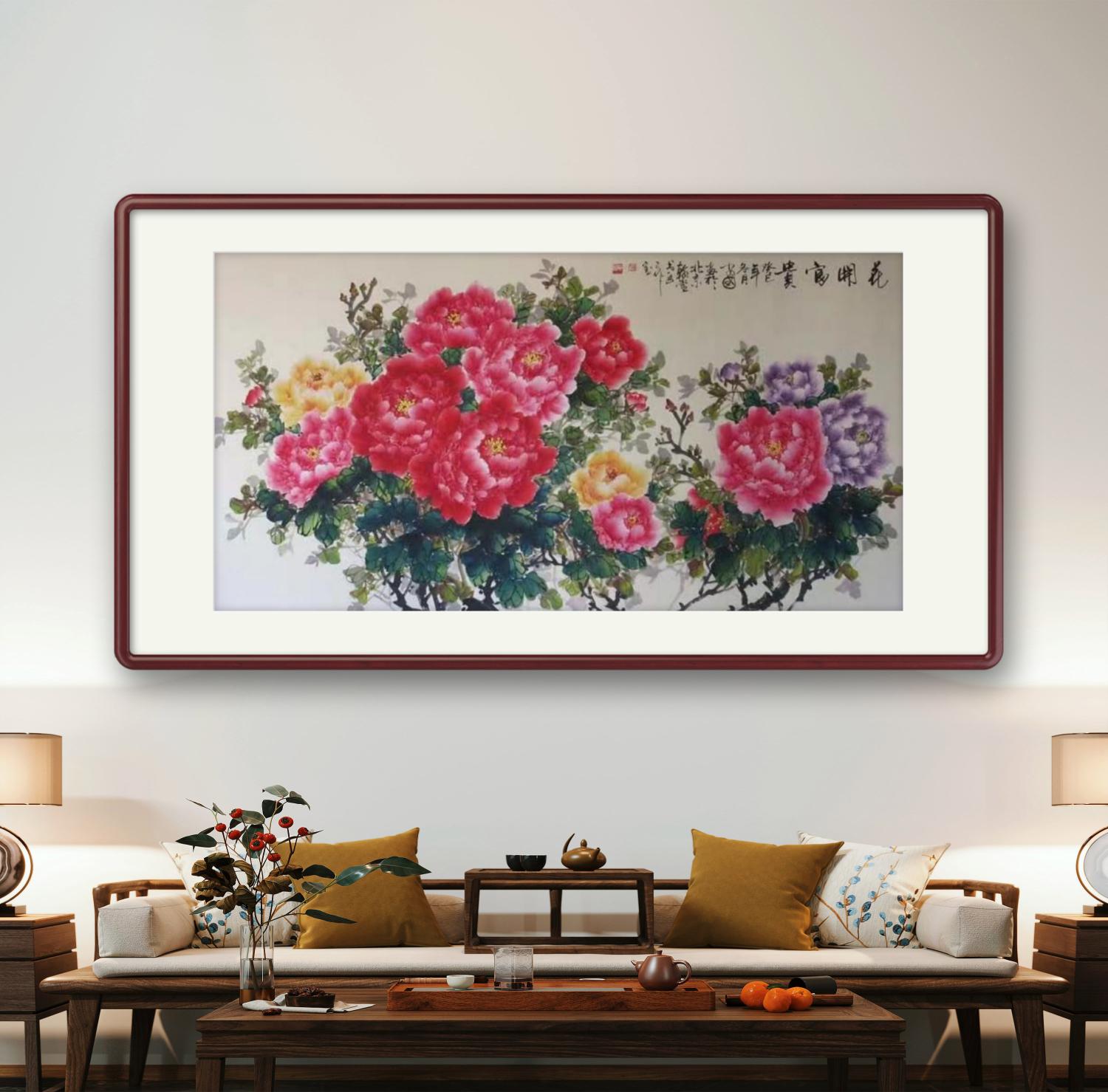 手绘真迹六尺横幅牡丹国画挂画花开富贵花鸟画卧室壁画床头装饰画图片