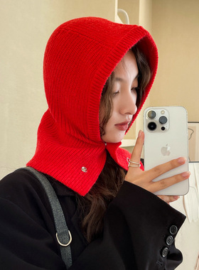 红色帽子围巾一体女冬季韩版保暖针织毛线帽小众设计护耳护颈帽子