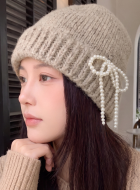 2026日韩风蝴蝶结珍珠针织帽女秋冬保暖百搭甜美护耳毛线帽显脸小