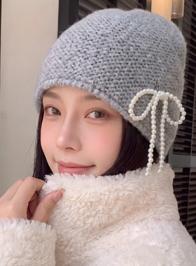 韩版珍珠蝴蝶结针织帽女秋冬保暖百搭甜美毛线帽显脸小护耳渔夫帽