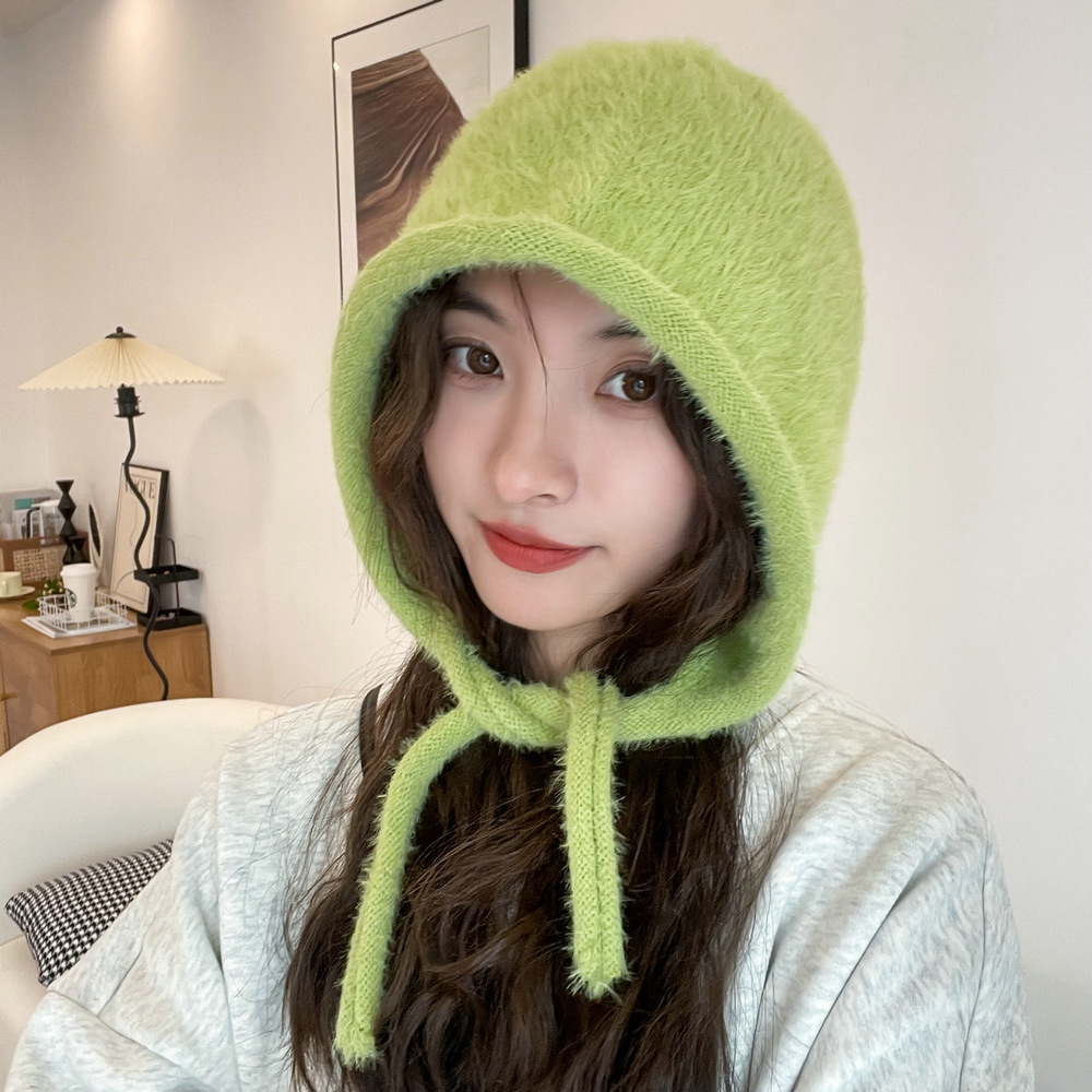 系带仿水貂毛针织毛线帽韩国纯色