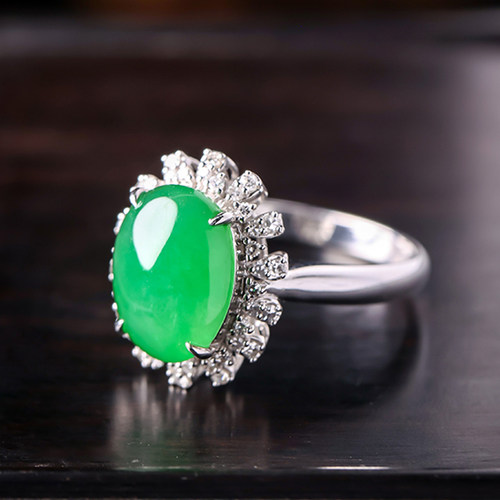 羊子珠宝  馨蕴微澜 老坑冰种满绿18K金镶嵌翡翠蛋面戒指F