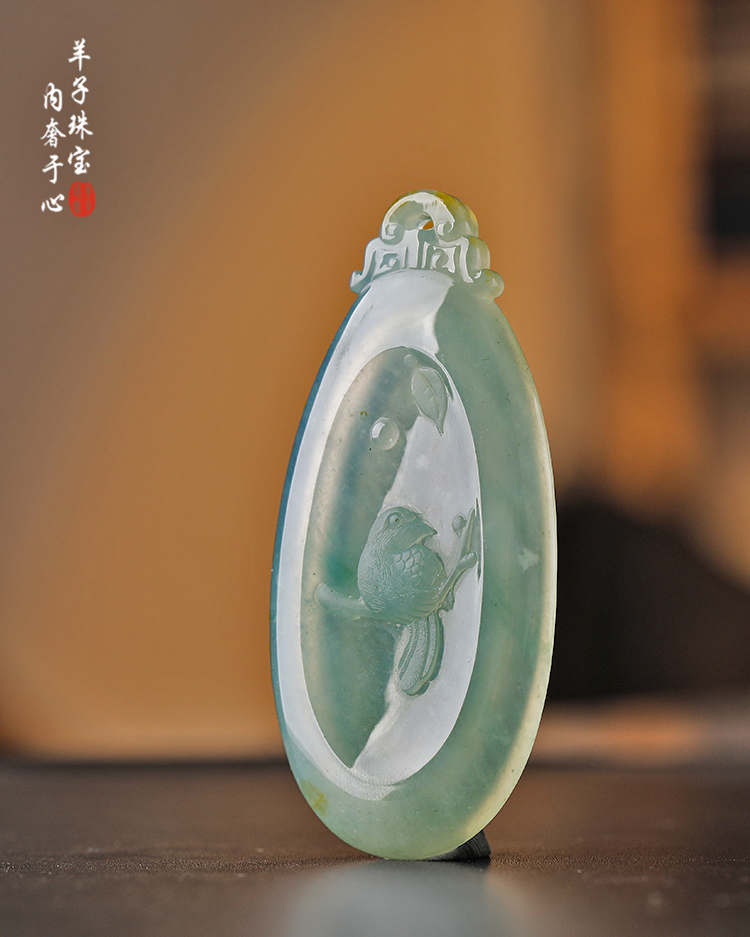 4.10羊子珠宝 文人画 喜上眉梢 洒金冰飘蓝花老坑花鸟翡翠吊坠x