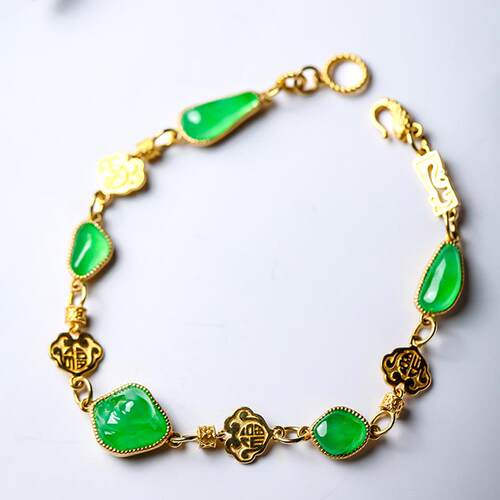 羊子珠宝 福气临门 老坑冰种满色阳绿设计款翡翠随形手链F