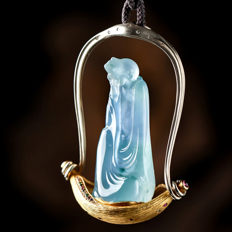 羊子珠宝 岁性思然 老坑冰种细腻湖蓝18K镶翡翠悟道挂件吊坠11.7