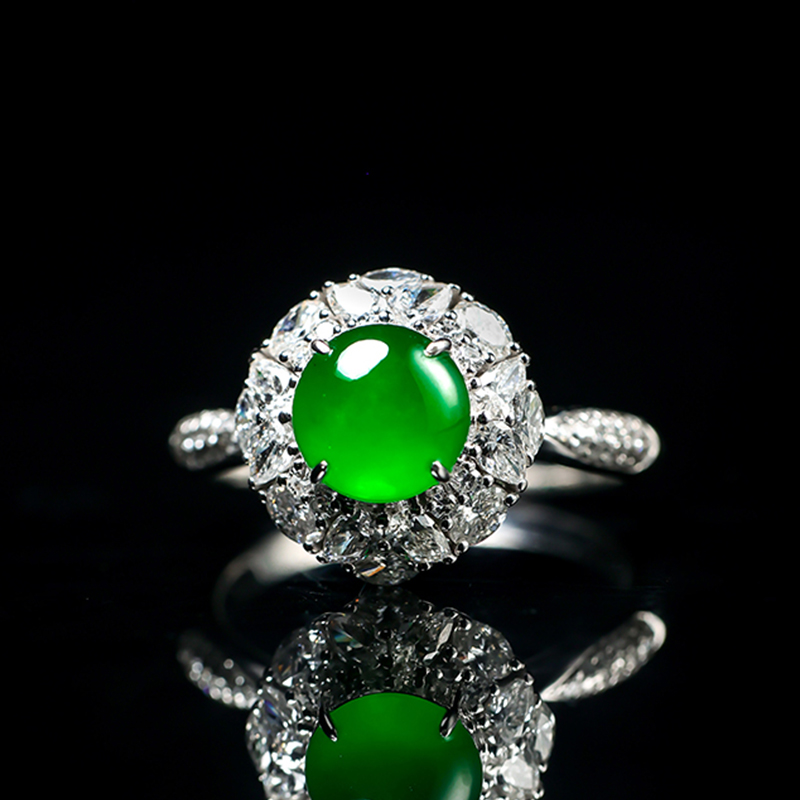 羊子珠宝   春棠落落  老坑高冰种浓阳绿18K金镶嵌翡翠蛋面戒指