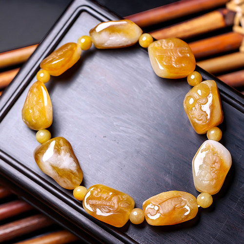 羊子珠宝 金辉禅韵 老坑种随形黄翡九字真言 暗八仙翡翠手串F