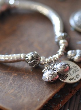 泰国清迈纯银配件手链 手工银饰莲花银管吊坠民族风手链弹力手链