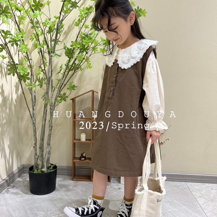 春秋季女童森系复古风咖色棉麻休连衣裙