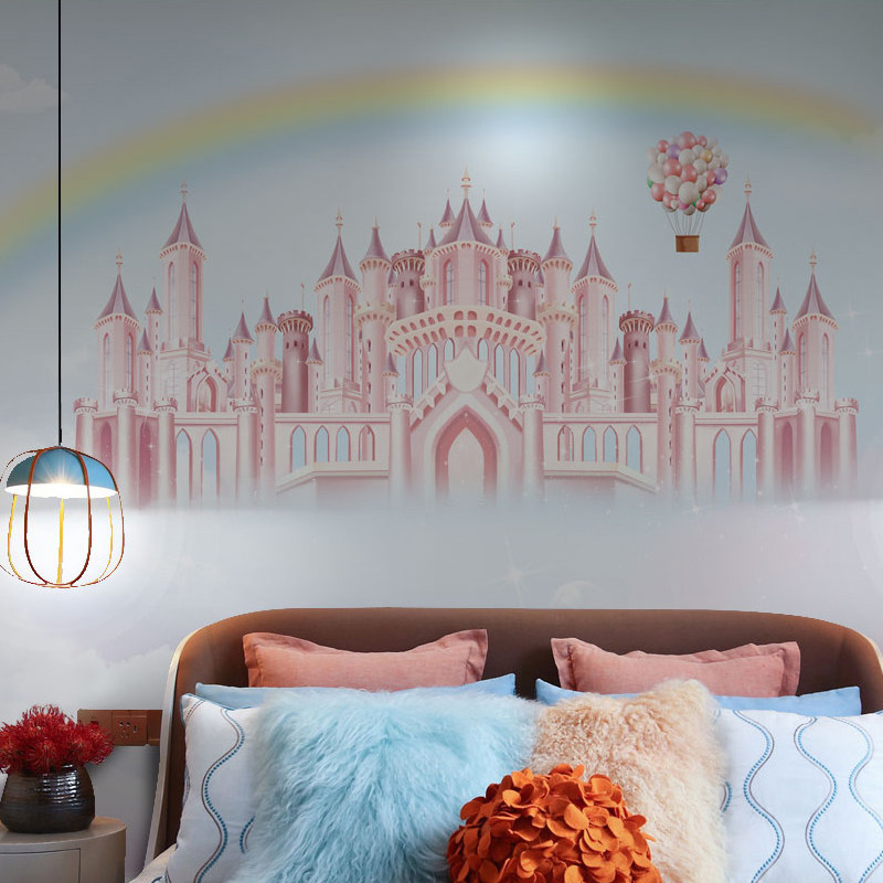 儿童房壁纸公主风墙纸卧室女孩ins风天空彩虹城堡壁布墙布背景墙