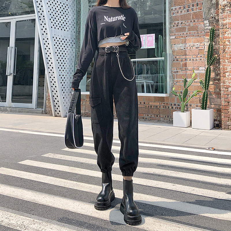 黑色工装牛仔裤女2020年秋冬新款显瘦高腰宽松帅气束脚哈伦老爹裤