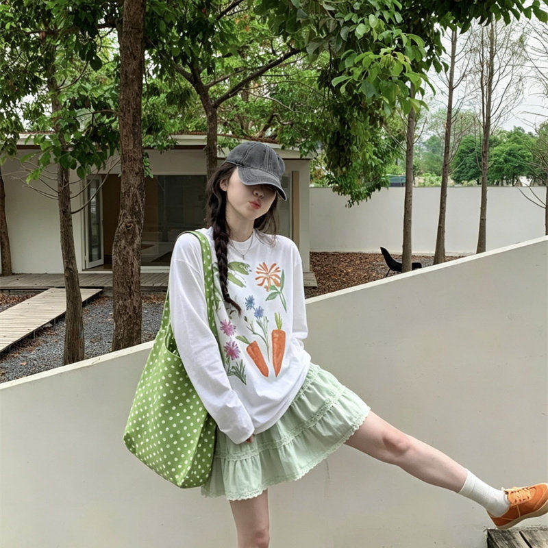 白色印花圆领长袖防晒罩衫T恤女2026新款夏季宽松慵懒风薄款上衣