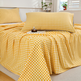 水洗A类全棉鹅黄白色小格子床单单件嫩黄柠檬黄明黄宿舍纯棉被单