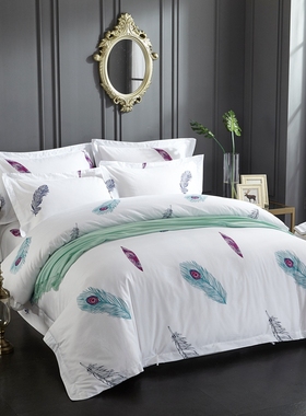 高密度全棉绿色孔雀羽毛四件套白色纯棉贡缎被套床单1.51.8m2米床