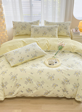 高密度A类全棉四件套纯棉浅黄色花朵小清新米黄柔嫩黄色被套床笠