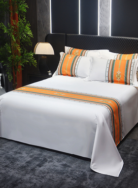 高密度全棉白色床单单件纯棉欧式床旗桔黄橙色横条纹被单酒店民宿