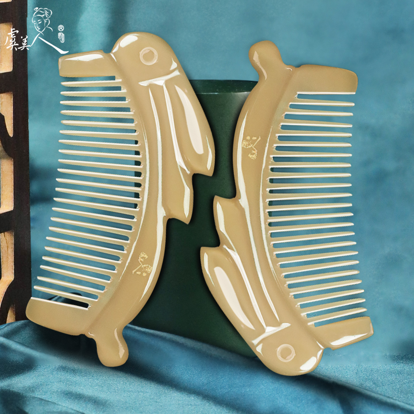 虞美人新品牛角梳牦牛角梳子雕花玉兔宽齿按摩生日礼物送女友老婆